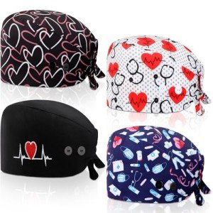 Heart Style Adjustable Nurse Scrub Caps - 4 Pack