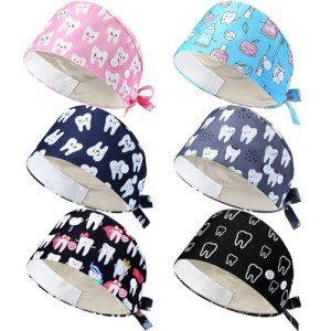 Maiteenly Adjustable Satin-Lined Scrub Caps - 6 Pack