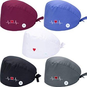 Unisex Bouffant Scrub Caps with Buttons - 5 Pack
