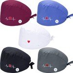 Unisex Bouffant Scrub Caps with Buttons - 5 Pack
