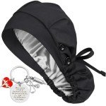 Women's Satin Lined Scrub Cap with Buttons - Black