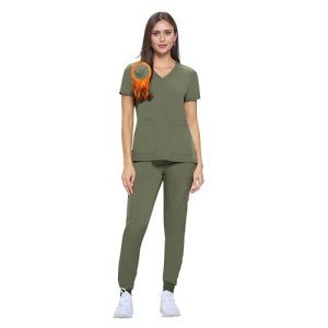 M&M SCRUBS Women's Essential Jogger Scrub Set Nursing Uniform Clearance Cool Stretch Scrub Top and Pant Workwear (Olive, Medium)