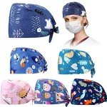 6 Pieces Women Scrub Caps Surgical Caps with Buttons Working Cap Adjustable Sweatband Bouffant Hats (Cute Animals)