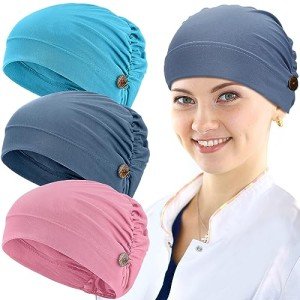 Geyoga 3 Pieces Bouffant Caps with Buttons Unisex Stretchy Headband Turban with Buttons for Women