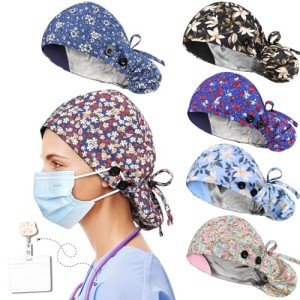 6 Pcs Scrub Caps Women Satin Lined Scrub Caps Women Ponytail Surgical Caps for Women Scrub Hats Women Ponytail Pouch Tie Back, Badge Holder 1 Pcs