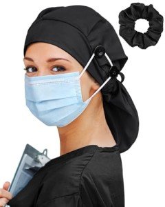 Satin Lined Scrub Cap for Women Long Hair Large Nurse Head Cap Silk Surgical Bonnet with Buttons Black