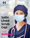 Satin Lined Scrub Cap for Women Long Hair Large Nurse Head Cap Silk Surgical Bonnet with Buttons Black
