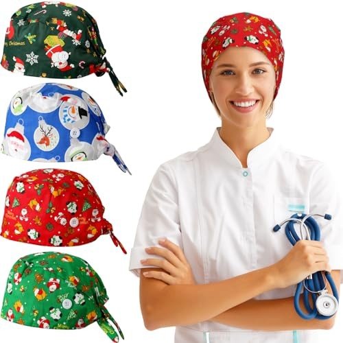 Suhine 4 Pcs Christmas Scrub Caps with Button Working Cap Sweatband Adjustable Printed Bouffant Scrub Hat for Women Men Xmas