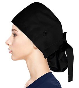 Fesciory Adjustable Working Caps with Button & Sweatband, Women Ponytail Pouch Hats, Long Hair(Black)