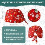 Suhine 4 Pcs Christmas Scrub Caps with Button Working Cap Sweatband Adjustable Printed Bouffant Scrub Hat for Women Men Xmas