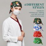 Suhine 4 Pcs Christmas Scrub Caps with Button Working Cap Sweatband Adjustable Printed Bouffant Scrub Hat for Women Men Xmas