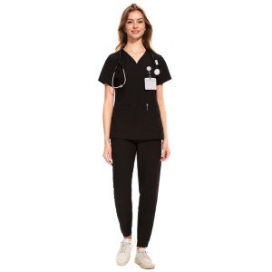 CozyFit Women's Scrubs Set with 8 Pockets - Black