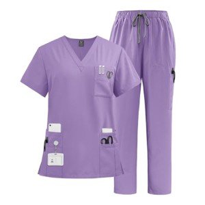 Purple V-Neck Scrub Top and Drawstring Pants Set