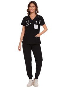 COZYFIT Women's V-Neck Scrubs Set - Black