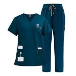 VIAOLI V-Neck Scrub Set with Pockets - Caribbean Blue