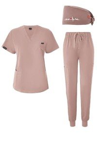 BuyiRen Women's Pink Scrub Set with Cap