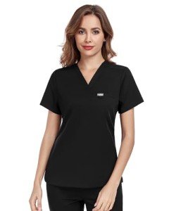 Women’s V-Neck Black Medical Scrub Top with Pocket
