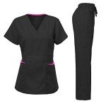 Dagacci Women's Stretch Black Scrubs Set with Pockets