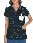 Blue Butterfly V-Neck Women's Scrub Top with Pockets