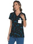 Blue Butterfly V-Neck Women's Scrub Top with Pockets