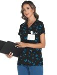 Blue Butterfly V-Neck Women's Scrub Top with Pockets
