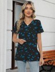 Blue Butterfly V-Neck Women's Scrub Top with Pockets