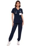 Navy Blue Women's V-Neck Top & Cargo Scrubs Set