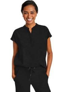 Healing Hands Women's Scrub Top Relaxed Fit Journey Top - 2 Pockets with Knit Details, Dolman Sleeve and Rounded Hem - 2152, L, Black