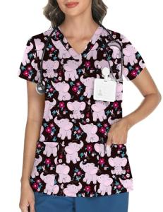 LOMON Scrubs for Women V Neck Pediatric Scrub Tops Soft Printed Scrub Shirts with 3 Pockets Elephant M