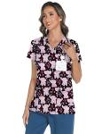 LOMON Scrubs for Women V Neck Pediatric Scrub Tops Soft Printed Scrub Shirts with 3 Pockets Elephant M