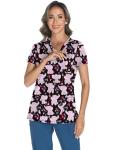 LOMON Scrubs for Women V Neck Pediatric Scrub Tops Soft Printed Scrub Shirts with 3 Pockets Elephant M