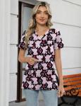 LOMON Scrubs for Women V Neck Pediatric Scrub Tops Soft Printed Scrub Shirts with 3 Pockets Elephant M