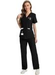CaiDieNu Medical Scrubs for Women Set: Stretch Uniform Nursing Scrub Set V-Neck Top & Straight Leg Cargo Pants with 13 Pockets Black Large