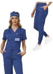 BuyiRen Scrubs for Women Set with Scrub Cap, V-Neck Stretchy Scrubs Tops and Jogger Pants, 11 Pockets Nursing Uniforms Royal Blue US 20-22