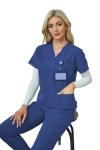 BuyiRen Scrubs for Women Set with Scrub Cap, V-Neck Stretchy Scrubs Tops and Jogger Pants, 11 Pockets Nursing Uniforms Royal Blue US 20-22