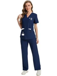 CaiDieNu Medical Scrubs for Women Set: Stretch Uniform Nursing Scrub Set V-Neck Top & Straight Leg Cargo Pants with 13 Pockets Navy Large