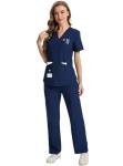 CaiDieNu Medical Scrubs for Women Set: Stretch Uniform Nursing Scrub Set V-Neck Top & Straight Leg Cargo Pants with 13 Pockets Navy Large