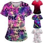 Heart Printed Scrub Tops Women Print Stretchy Plus Size Womens Scrubs for Women Nursing Shirts uniformes de enfermeras de Mujer with Pockets Pink L