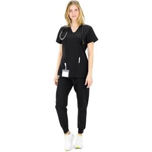 READY SET SCRUBS - Black Scrubs for Women Set - V-Neck Scrub Top & Jogger Pants Set - 15 Pockets - Yoga Waistband - Soft & Stretchy - Small