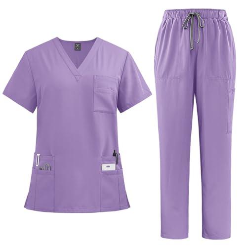 Scrubs for Women Set Cool Stretch Medical Nursing Uniform - V-Neck Top & Straight Leg Pants with Pockets, Workwear 02-Light Purple Medium