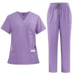 Scrubs for Women Set Cool Stretch Medical Nursing Uniform - V-Neck Top & Straight Leg Pants with Pockets, Workwear 02-Light Purple Medium