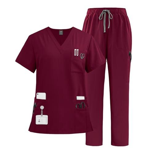 VIAOLI Scrubs Set Multiple pockets V-Neck Top and Drawstring Scrub Pant - Medical Uniform Women Scrub Set Clearance (Burgundy, M)