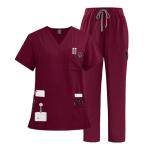 VIAOLI Scrubs Set Multiple pockets V-Neck Top and Drawstring Scrub Pant - Medical Uniform Women Scrub Set Clearance (Burgundy, M)