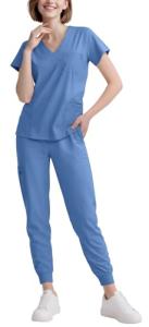 Eadflie Scrubs for Women Set - 8-Pocket V-Neck Scrub Uniform | Stretch Jogger Pants (Sky Blue/L) | Medical Workwear for Nurses, Dentists, Pet Care