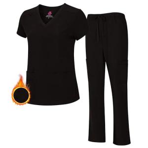 M&M SCRUBS Women's Breathable Cool Stretch Fabric Scrub Top and cargo Pant Set (Black, Large)