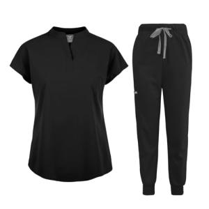 niaahinn Scrubs Set for Women Nurse Uniform Jogger Suit Stretch Top & Pants with Multi Pocket for Nurse Esthetician Workwear (Black, Large)