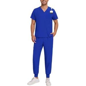 Men's Scrubs Set, Modern V-Neck Scrub Top & Jogger Pant with Pockets -Stretch, Moisture-Wicking Yoga Waistband, Anti-Wrinkle,Scrubs for Me 01-Royal Blue Large 1