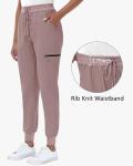 MIVEI High Waisted Jogger Style Scrub Pants for Women - 8 Pockets Medical Bottoms Tapered Yoga Waistband Ribbed Ankle Petite Cameo Pink