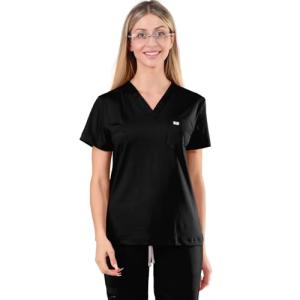Meidiero Scrub Tops for Medical Women, Soft Stretch V-Neck Scrub Top, Wrinkle-Resistant Fabric with Chest Pocket Black