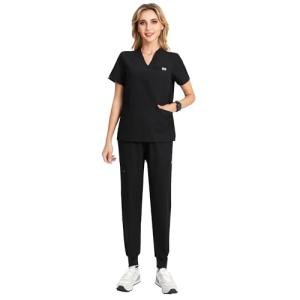Kousenpu Women's Medical Scrubs Set - Stretch V-Neck Scrub Top & Yoga Jogger Pants with 12 Pockets Total (Black, Medium)